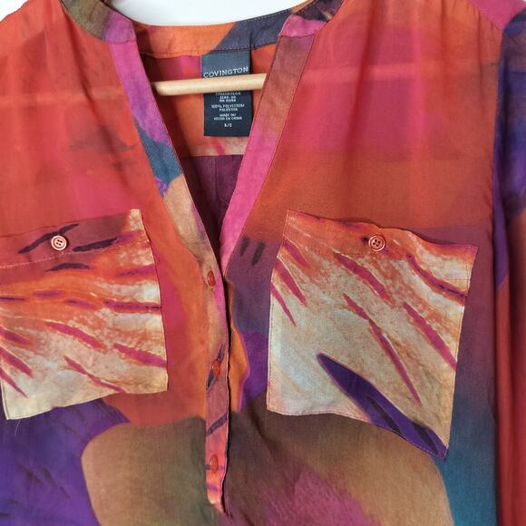 Covington Floral Blouse Tab Sleeve Sheer Watercolor Art to Wear - Picture 6 of 9